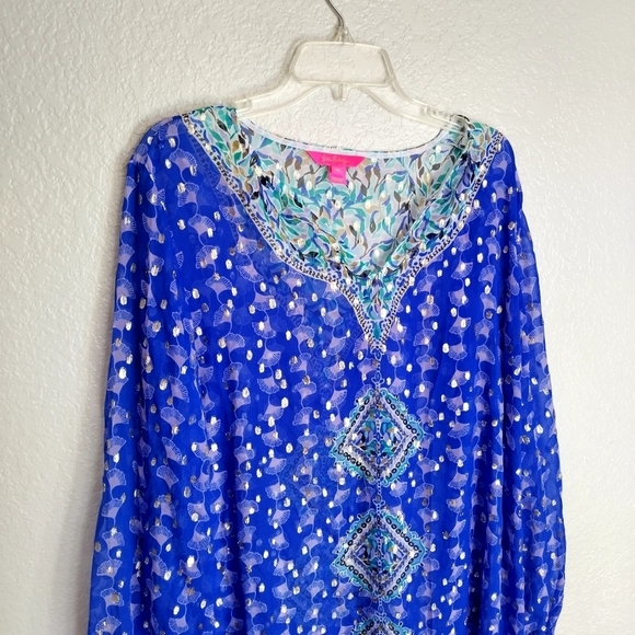 Lilly Pulitzer Jupiter Silk Maxi Caftan Blue Grotto SILK Fan Dress Sz L/Xl - Picture 3 of 9